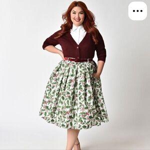 Hell Bunny Green and White Floral A-Line Skirt